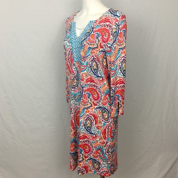 Crown & Ivy Petite XL Dress 3/4 Sleeve Split Front V-Neck Stretch Vibrant Print - Picture 5 of 16